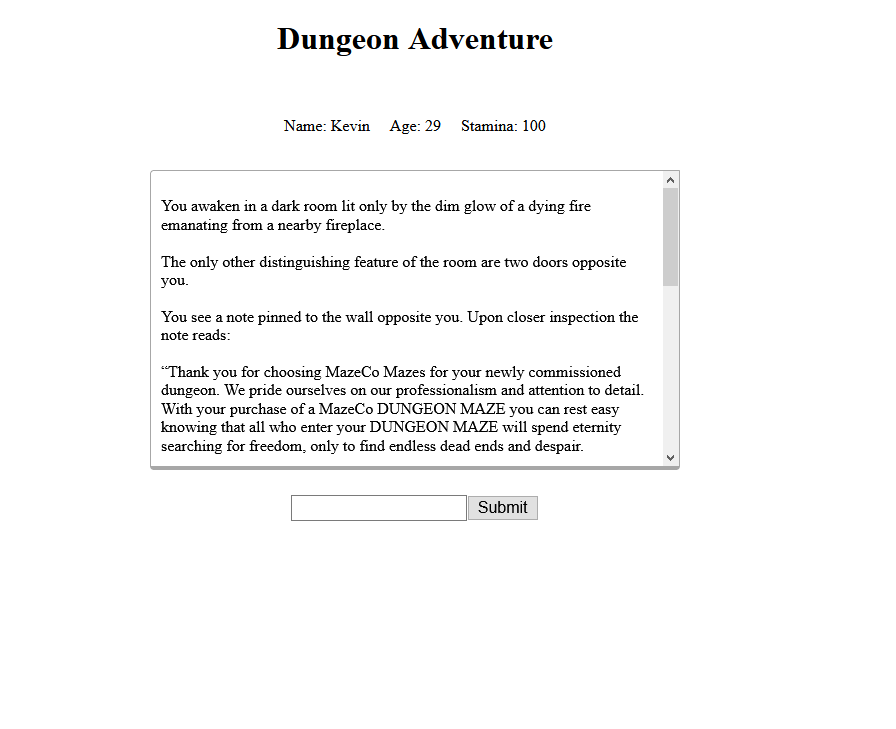 A screenshot of the Dungeon Adventure text adventure