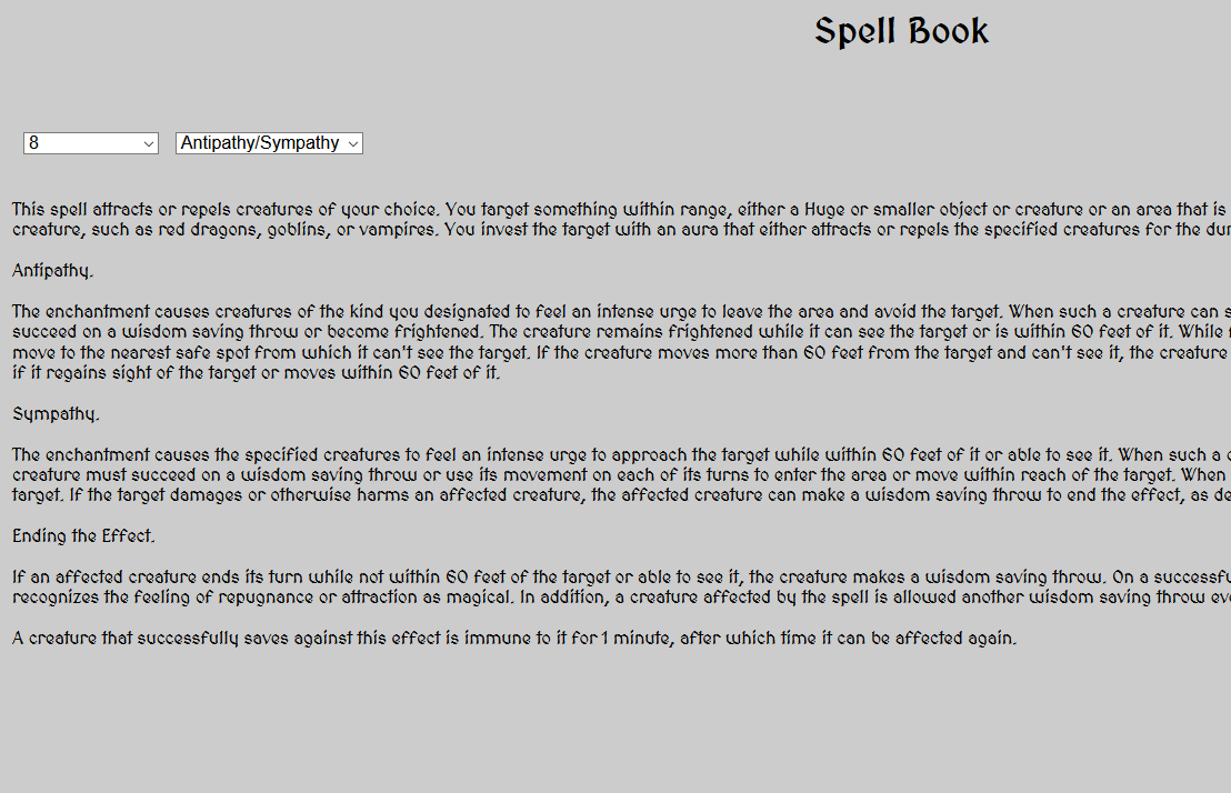 A screenshot of the Spell Book